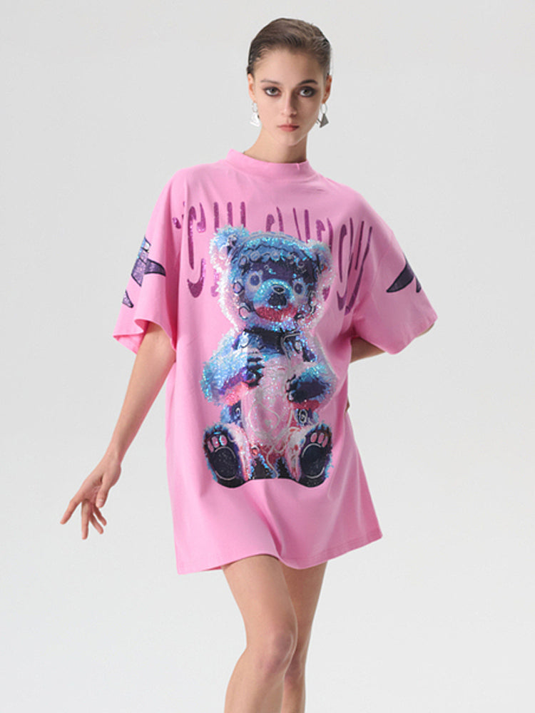 TCH Rhinestone Teddy Bear Oversized T-shirt with Wings Desgin