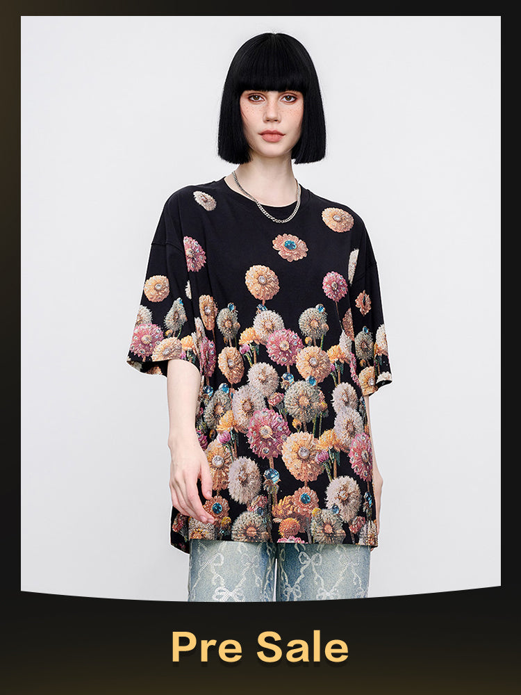 TCH Pre-Sale Rhinestone Distressed Flower Shiny Graphic Tshirt
