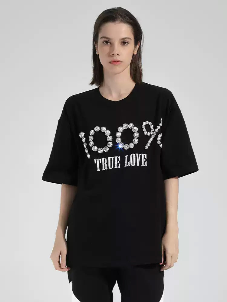 TCH 100% Letter Print Rhinestone Bling T-shirt