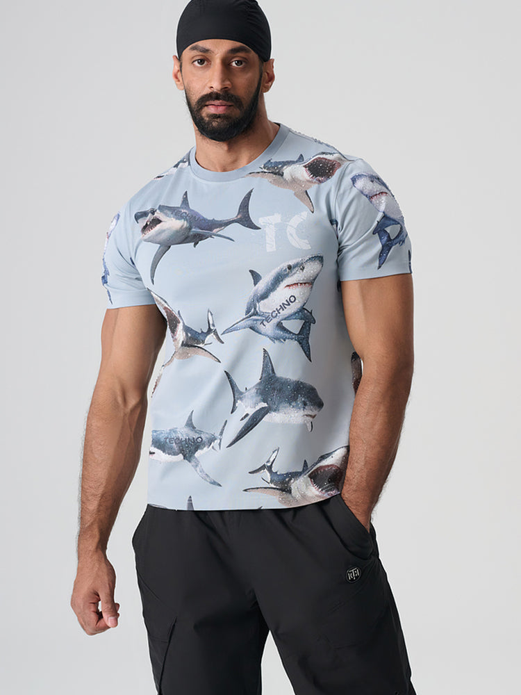 TCH Cotton Rhinestone Shark Hawaiian T-Shirt