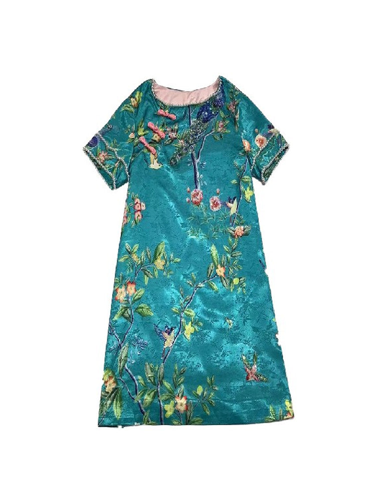 TCH Floral Pearl-Embellished Satin Vintage Dress