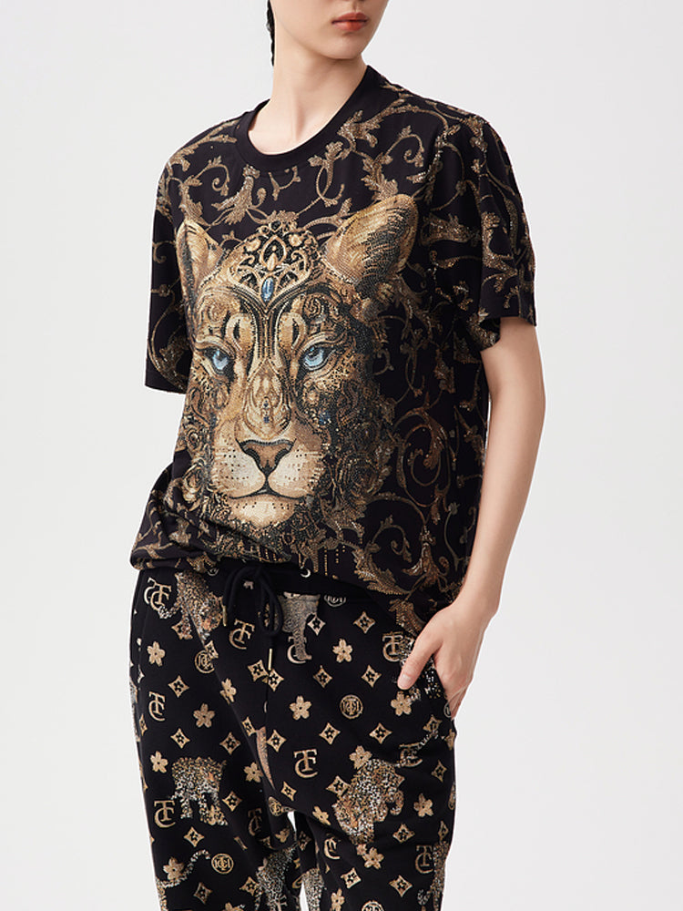 TCH All Over Print Rhinestone Lion Mane Fashion Tee