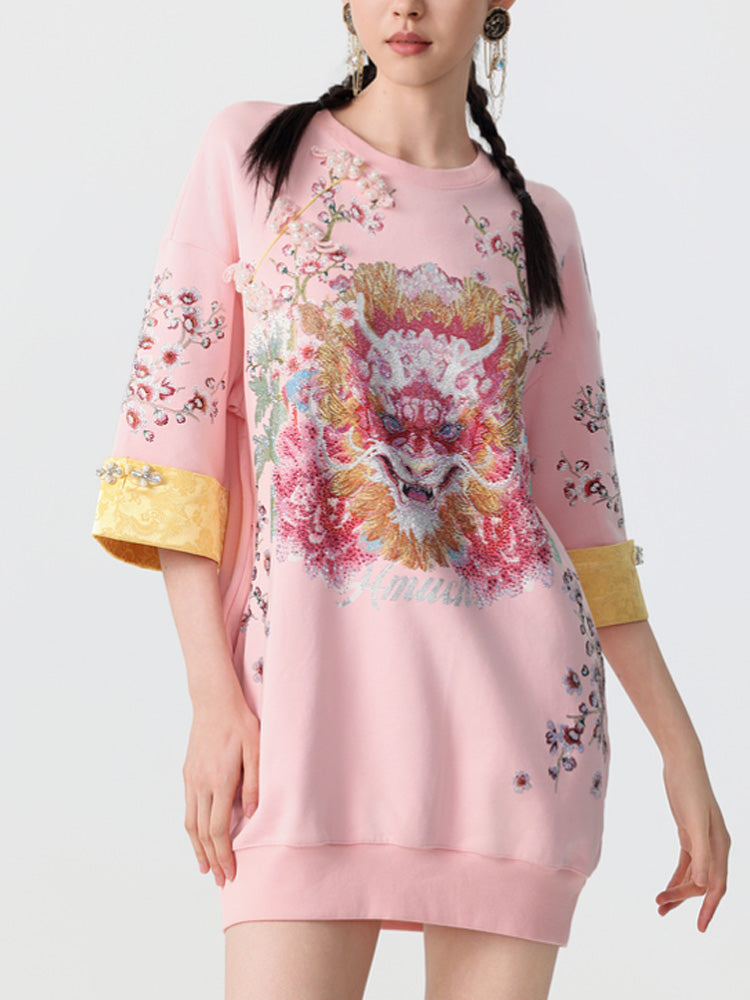 TCH Rhinestone Graphic Print Satin Luxury Mini Dress