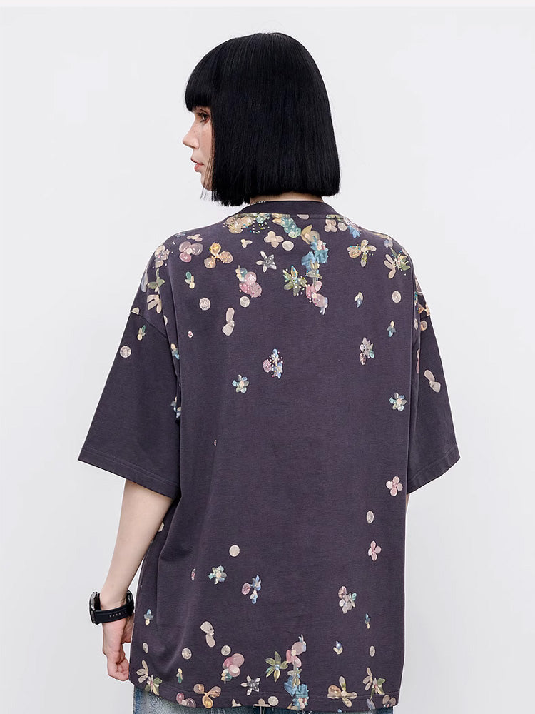 TCH Rhinestone Teddy Bear Flower Oversized T-Shirt