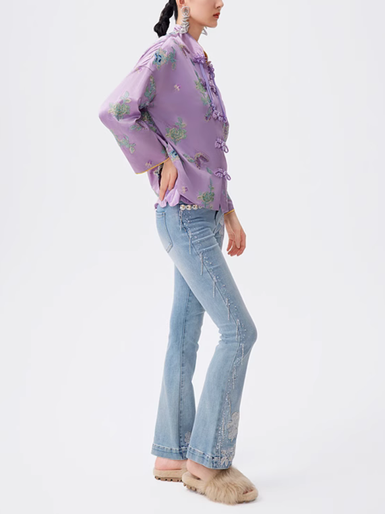 TCH Embroidery Rhinestone Vintage Satin Top