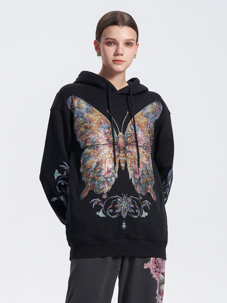 TCH Colorful Rhinestone Butterfly Oversized Black Hoodie