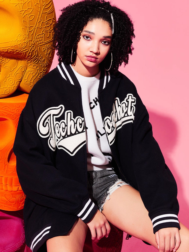 TCH Rhinestone Monogram Print Zip School Jacket