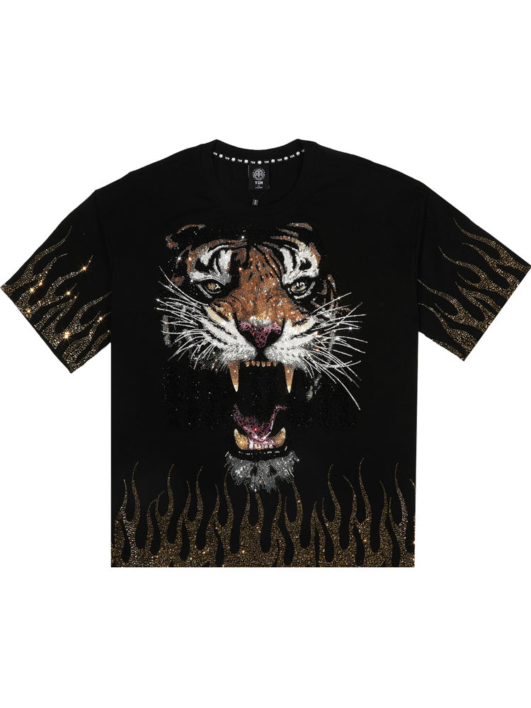 TCH Rhinestone Flaming Tiger Print T-shirt