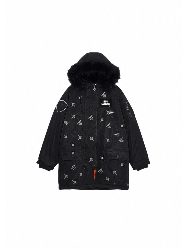 TCH Rhinestone Graphic Fur-Lined Puffer Jacket