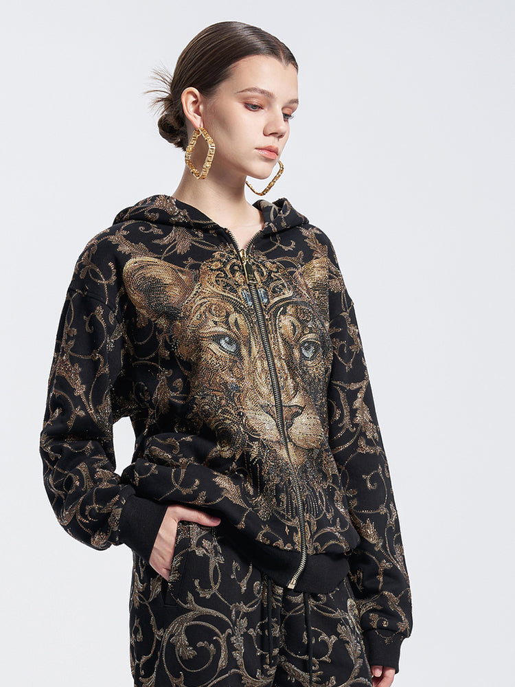 TCH Allover Leopard Print Rhinestone Zip Up Hoodie Set 2 Piece Suit