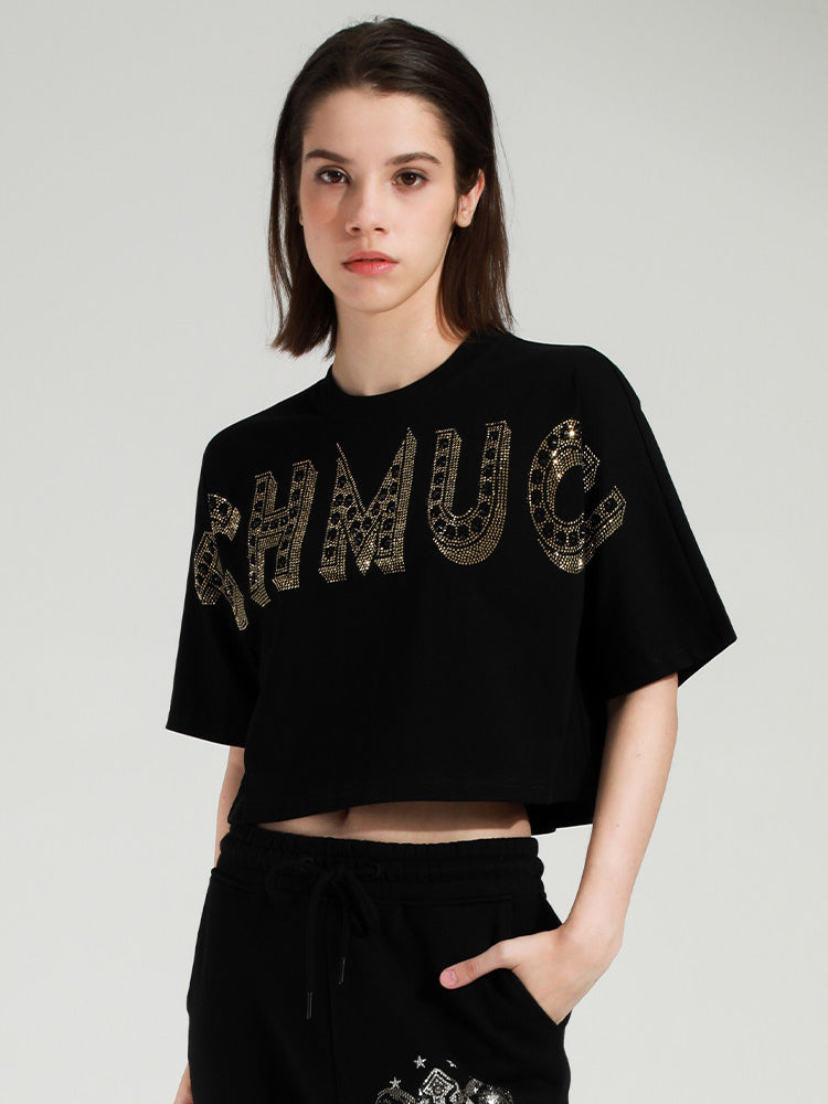 TCH Letter Print Rhinestone Cropped Top in Black