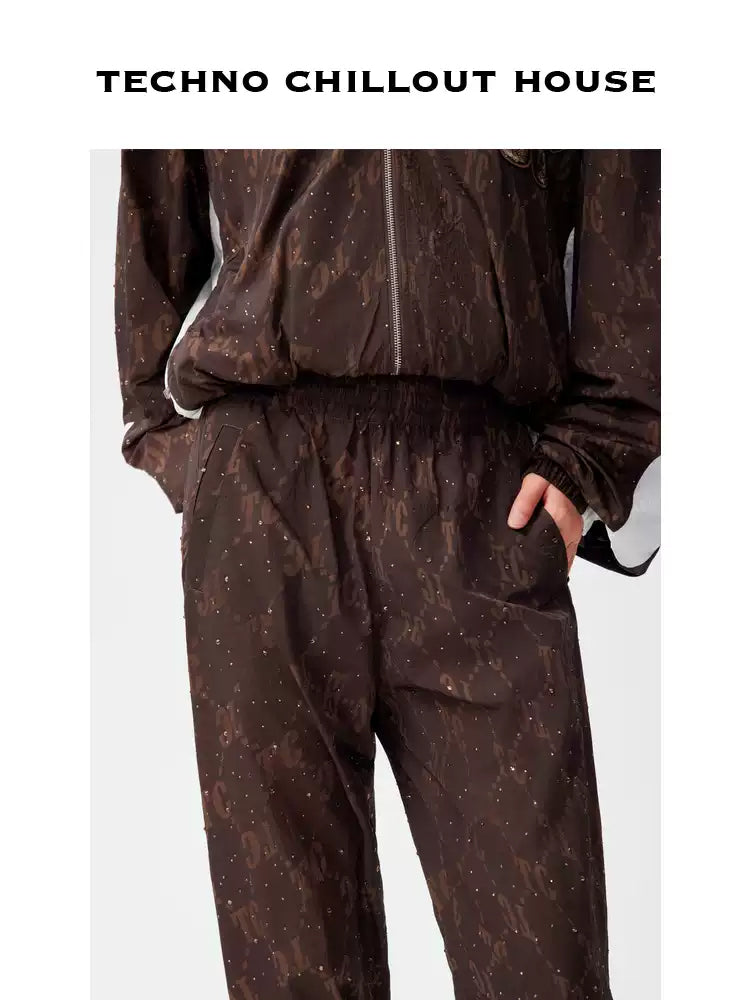 TCH 2 Piece Allover Print Nylon Rhinestone Jogging Suits