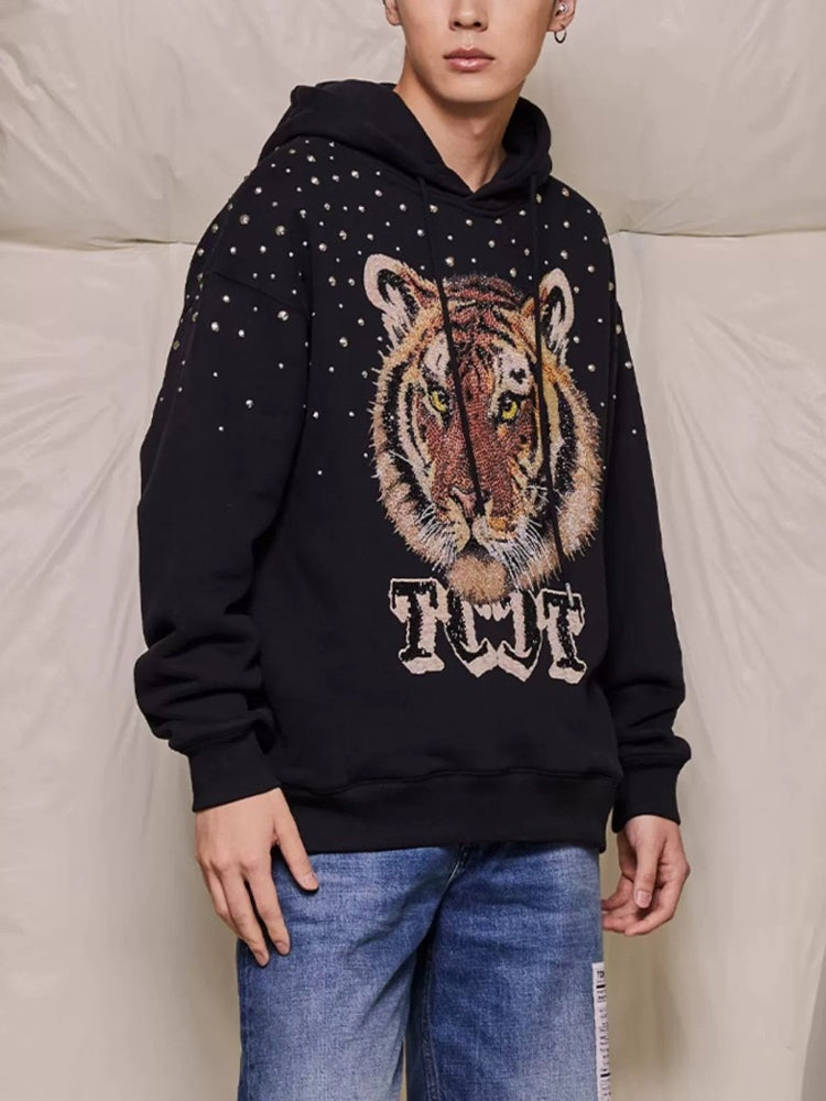 TCH Crystal-Embellished Tiger Print Oversized Black Hoodie