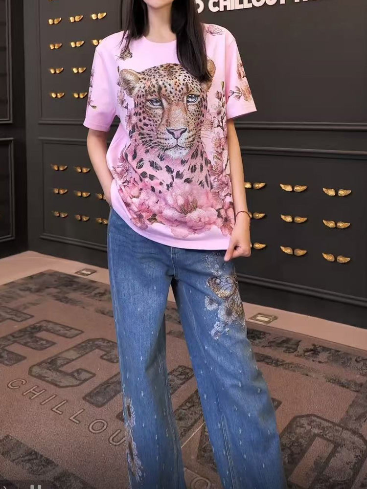 TCH Luxury Rhinestone Leopard Sparkle Flower Short Sleeve Top / Hoodie