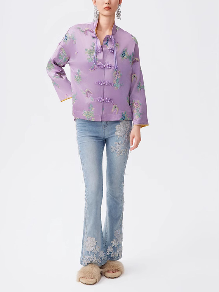 TCH Embroidery Rhinestone Vintage Satin Top