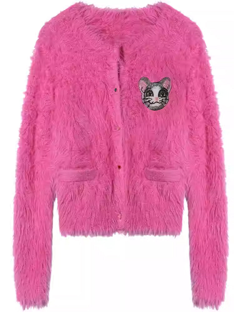 TCH Graphic Rhinestone Brushed Wool Knit Cardigan