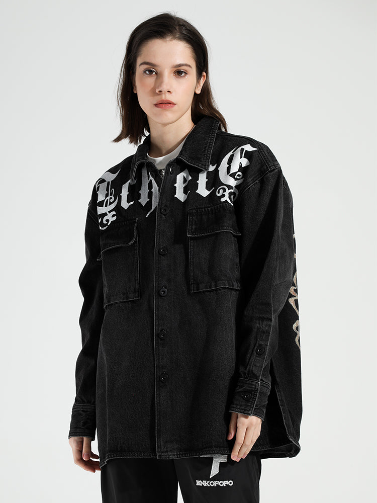 TCH Rhinestones Print Long Sleeve Denim Jacket