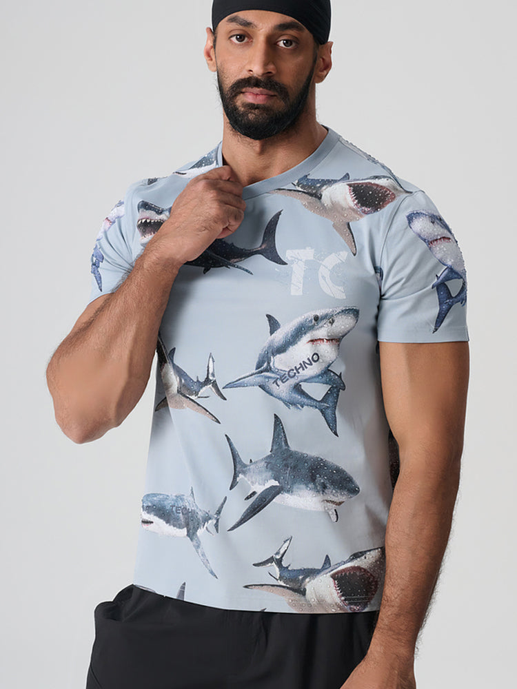 TCH Cotton Rhinestone Shark Hawaiian T-Shirt