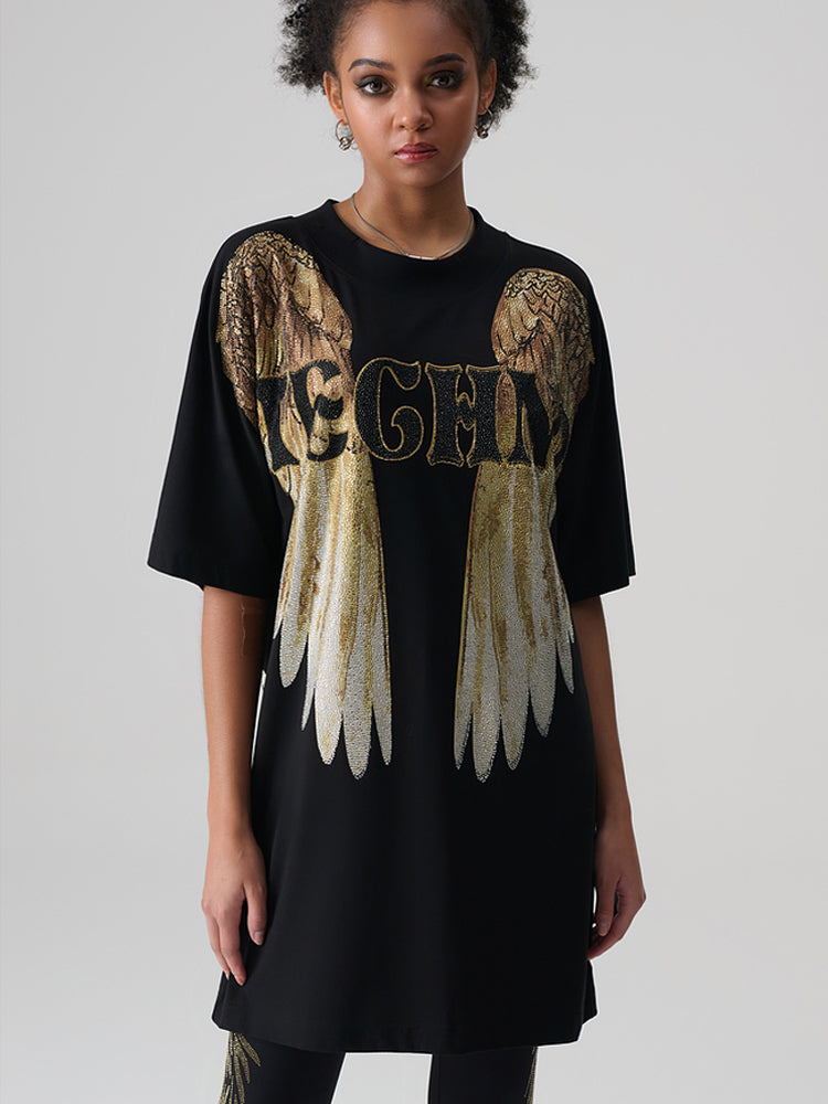 TCH Gold Rhinestone Angel Wings T-shirt Dress