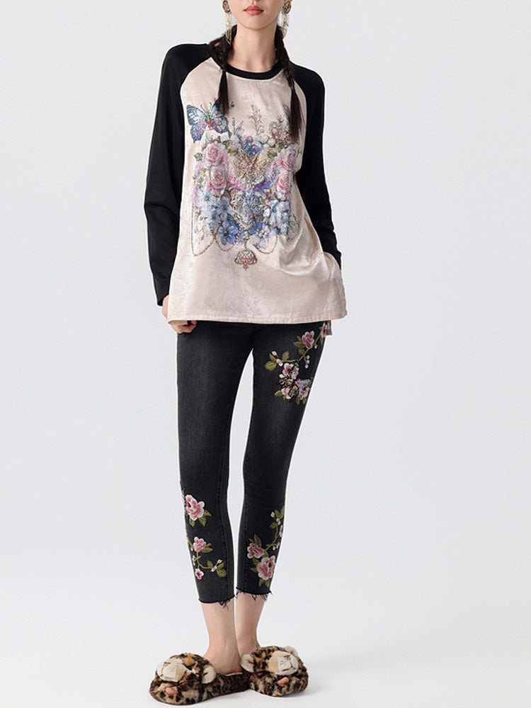 TCH Skinny Rhinestone Floral Embroidered Stretchable Cropped Jeans