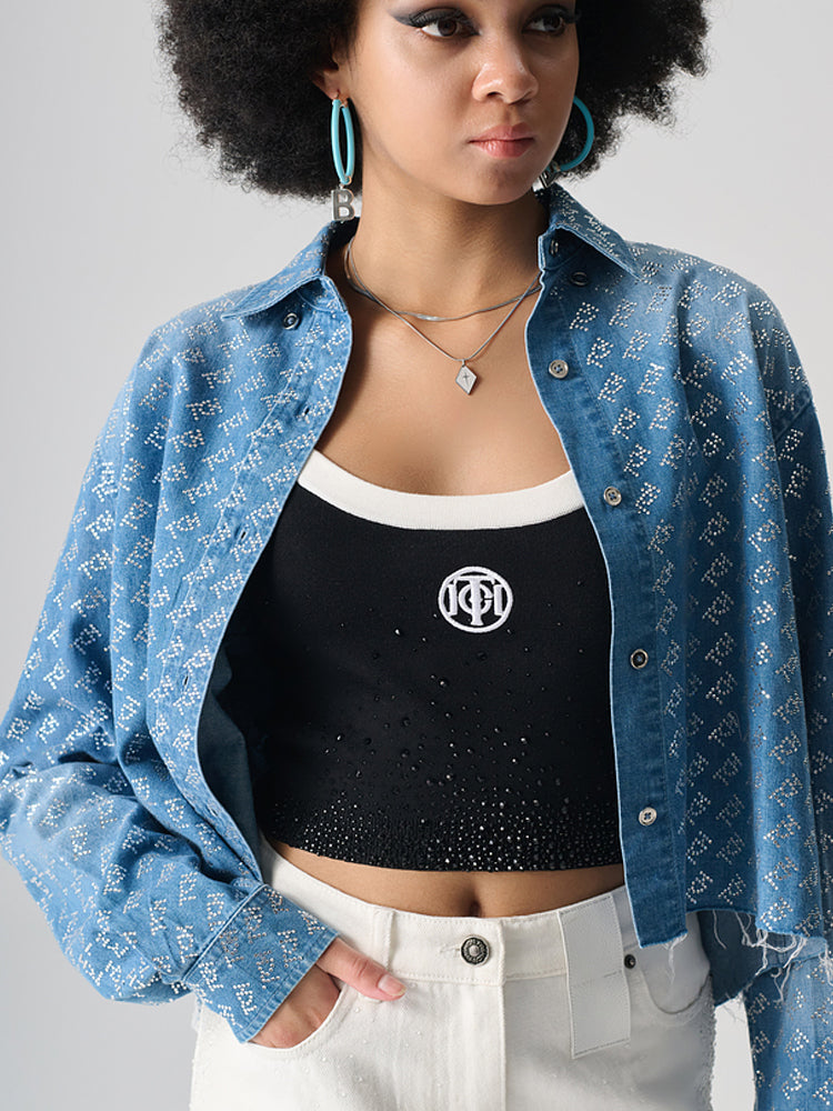 TCH Allover Logo Jacquard Rhinestone Denim Cropped Jacket