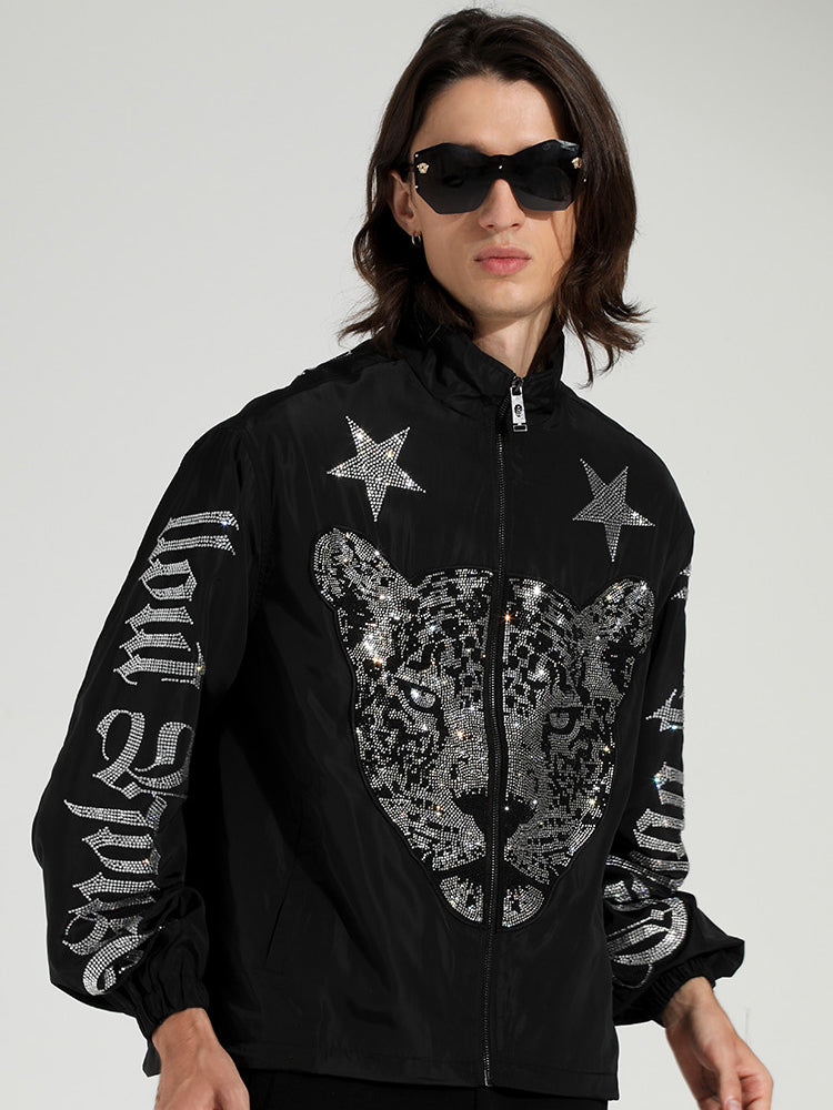 TCH Luxurious Leopard Hot Diamond Zipper Bomber Jacket
