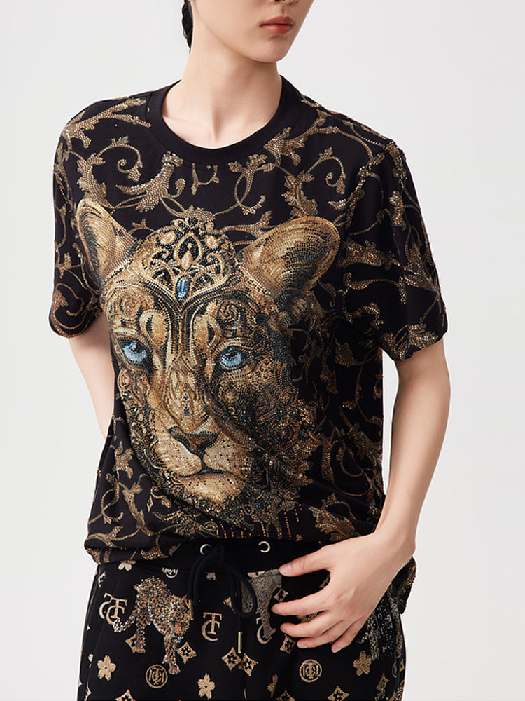 TCH All Over Print Rhinestone Lion Mane Fashion Tee
