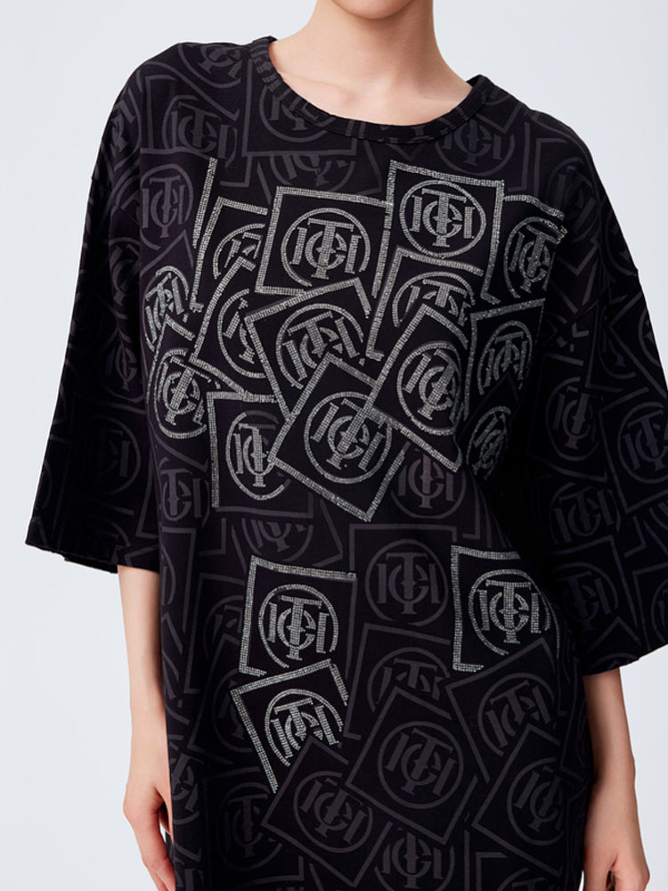 TCH Luxury Logo Print Rhinestone T-shirt Dress