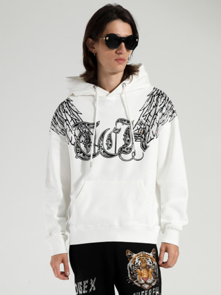 TCH Unisex White Hoodie with Rhinestone Wings Design