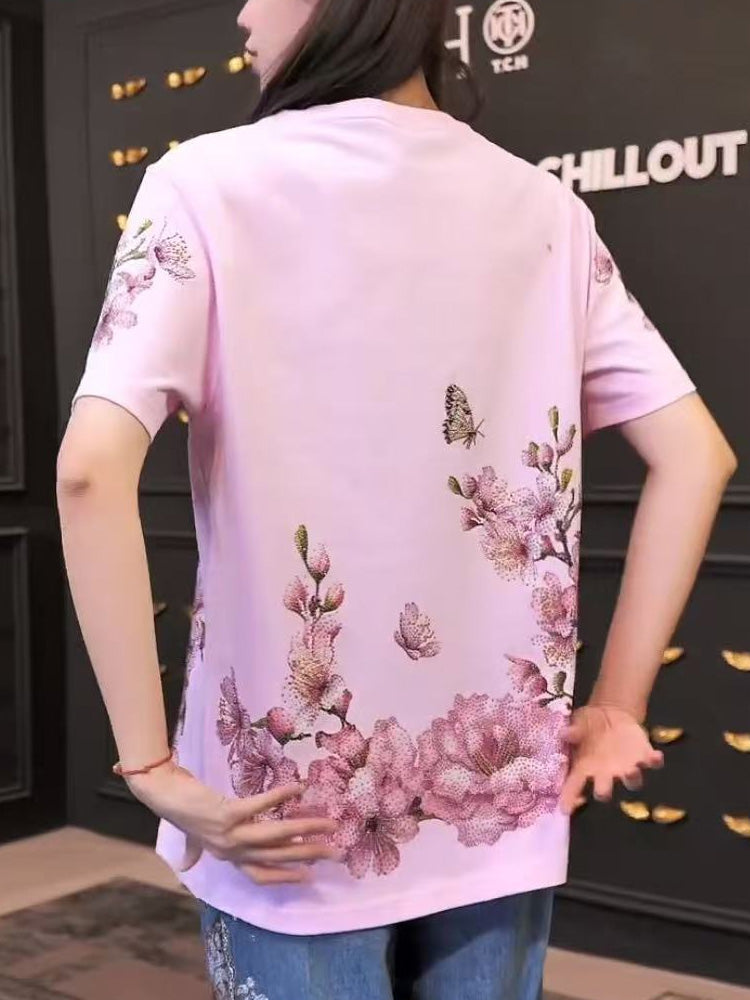 TCH Luxury Rhinestone Leopard Sparkle Flower Short Sleeve Top / Hoodie