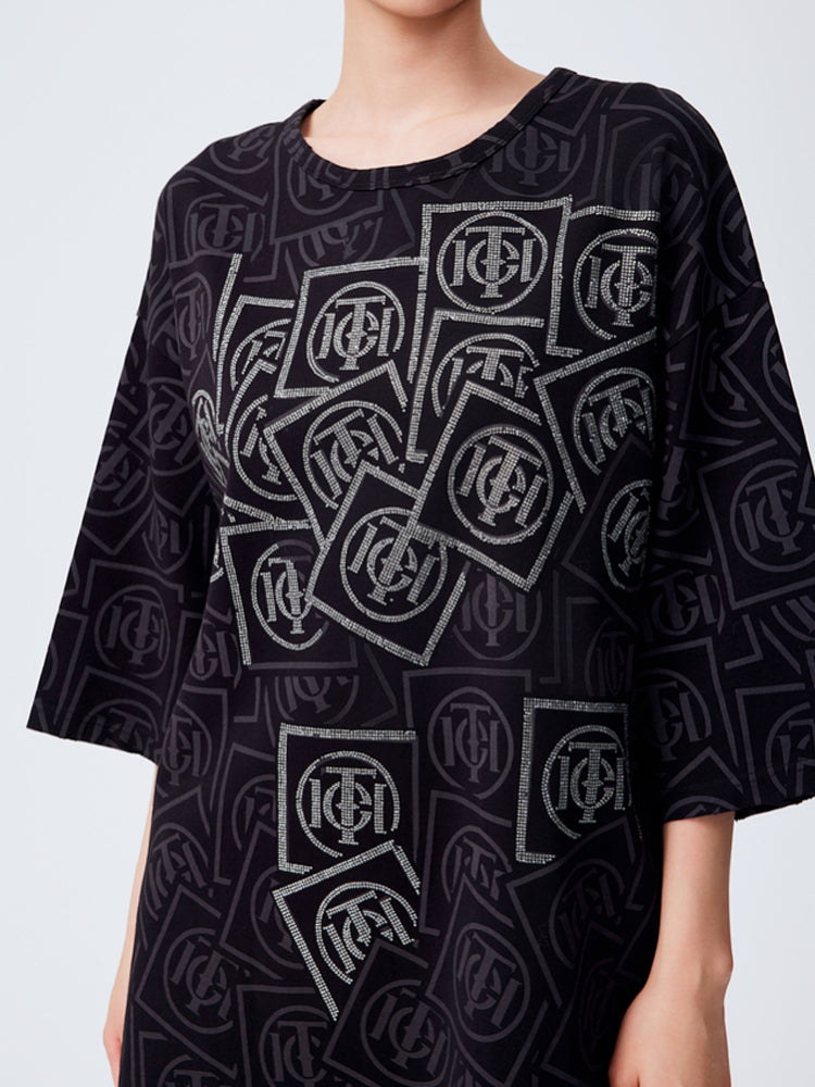 TCH Luxury Logo Print Rhinestone T-shirt Dress