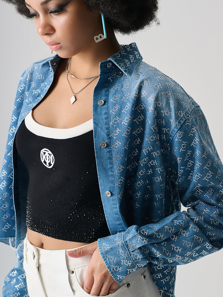 TCH Allover Logo Jacquard Rhinestone Denim Cropped Jacket