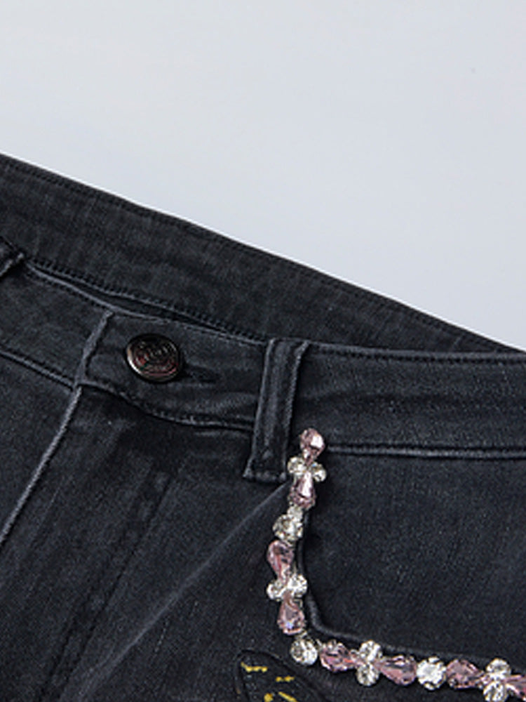 TCH Skinny Rhinestone Floral Embroidered Stretchable Cropped Jeans