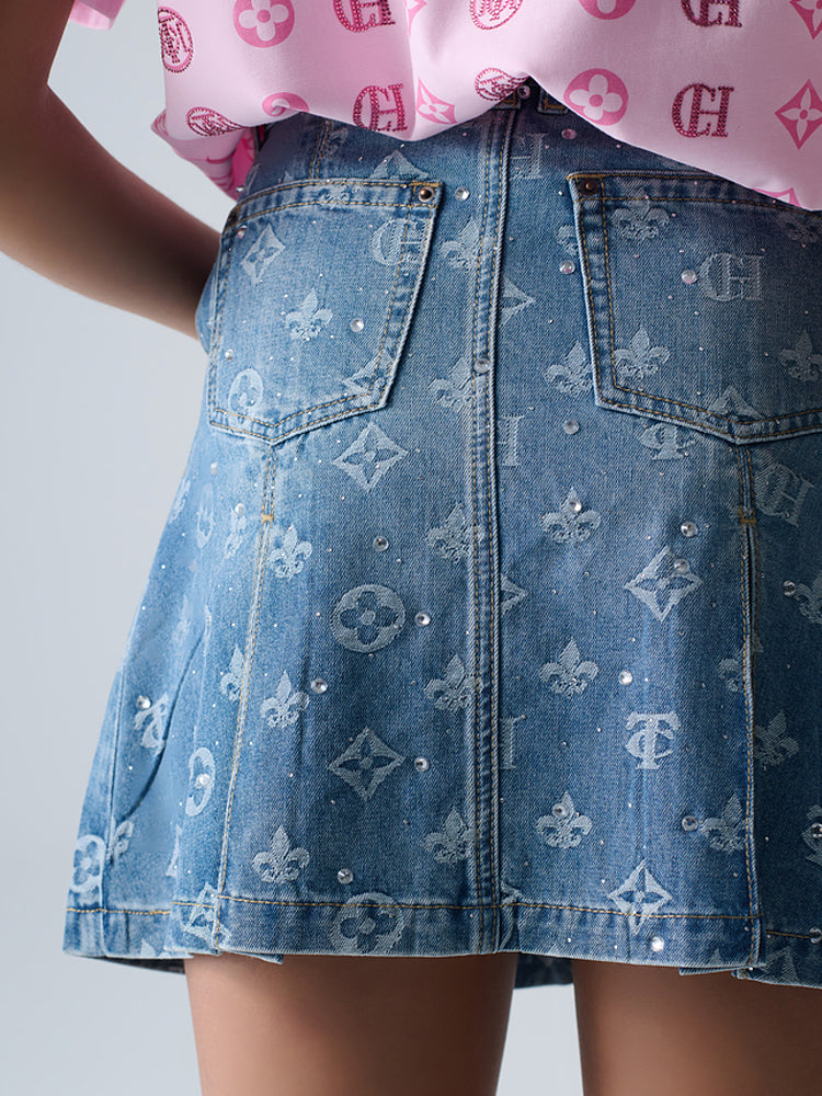 TCH Allover Print Rhinestone Ruched Denim Mini Skirt