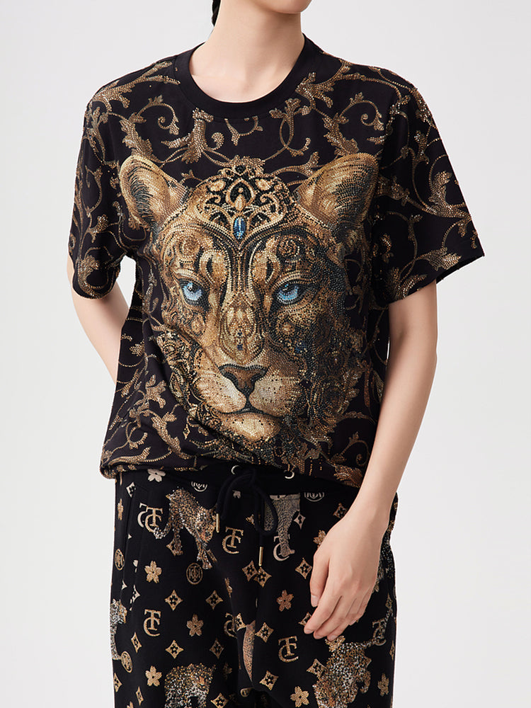 TCH All Over Print Rhinestone Lion Mane Fashion Tee