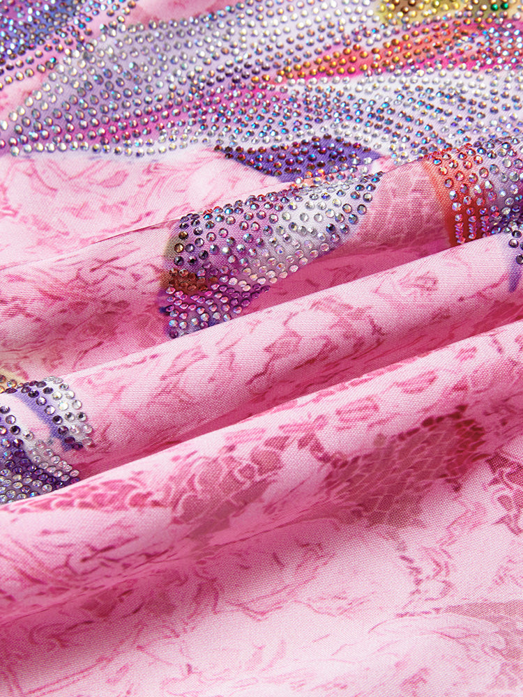 TCH Rhinestone Jacquard Floral Feather Trim Mini Dress