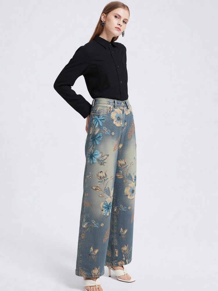 TCH Floral Graphic Rhinestone Wide Leg Jeans