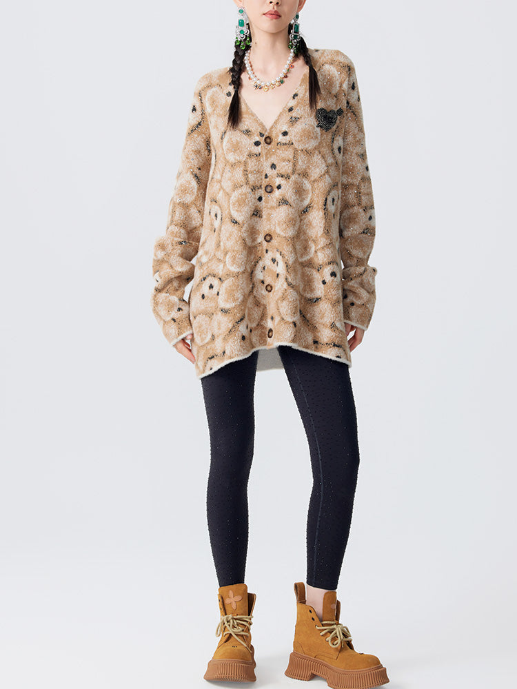 TCH Rhinestone Abstract Bear Fluffy Knit Cardigan