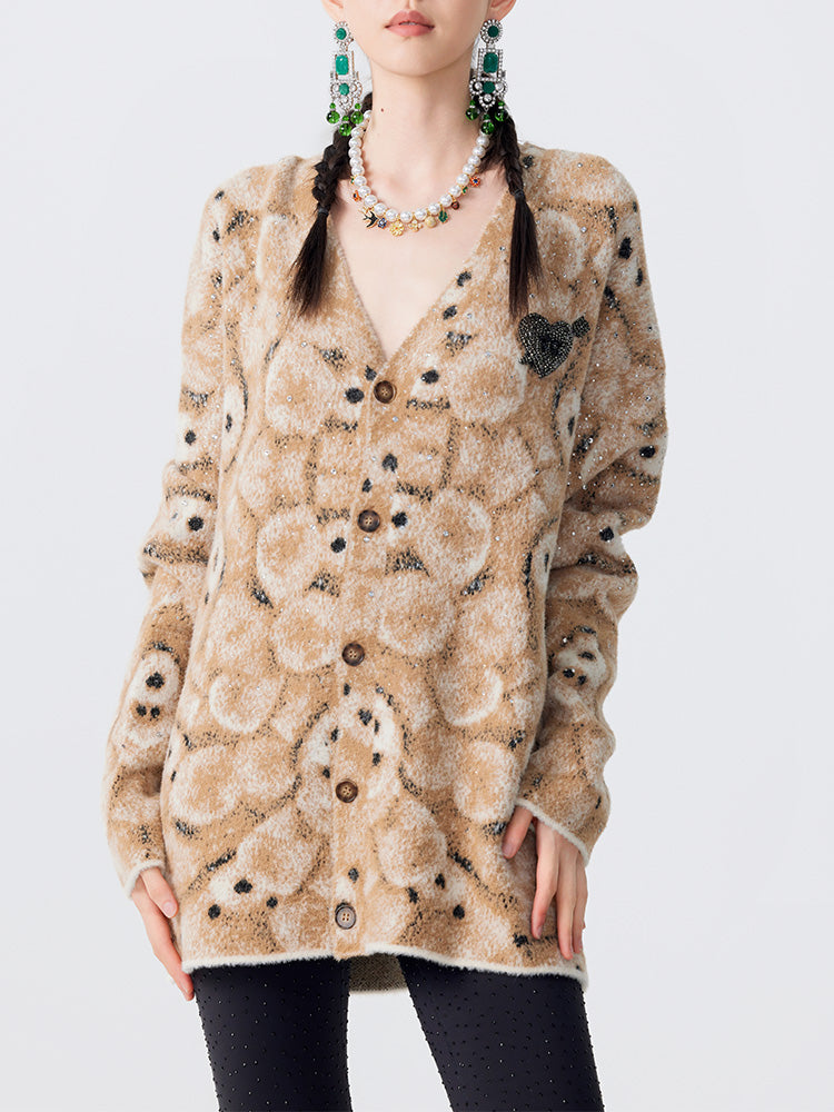 TCH Rhinestone Abstract Bear Fluffy Knit Cardigan