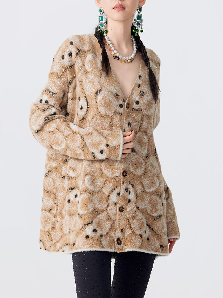 TCH Rhinestone Abstract Bear Fluffy Knit Cardigan