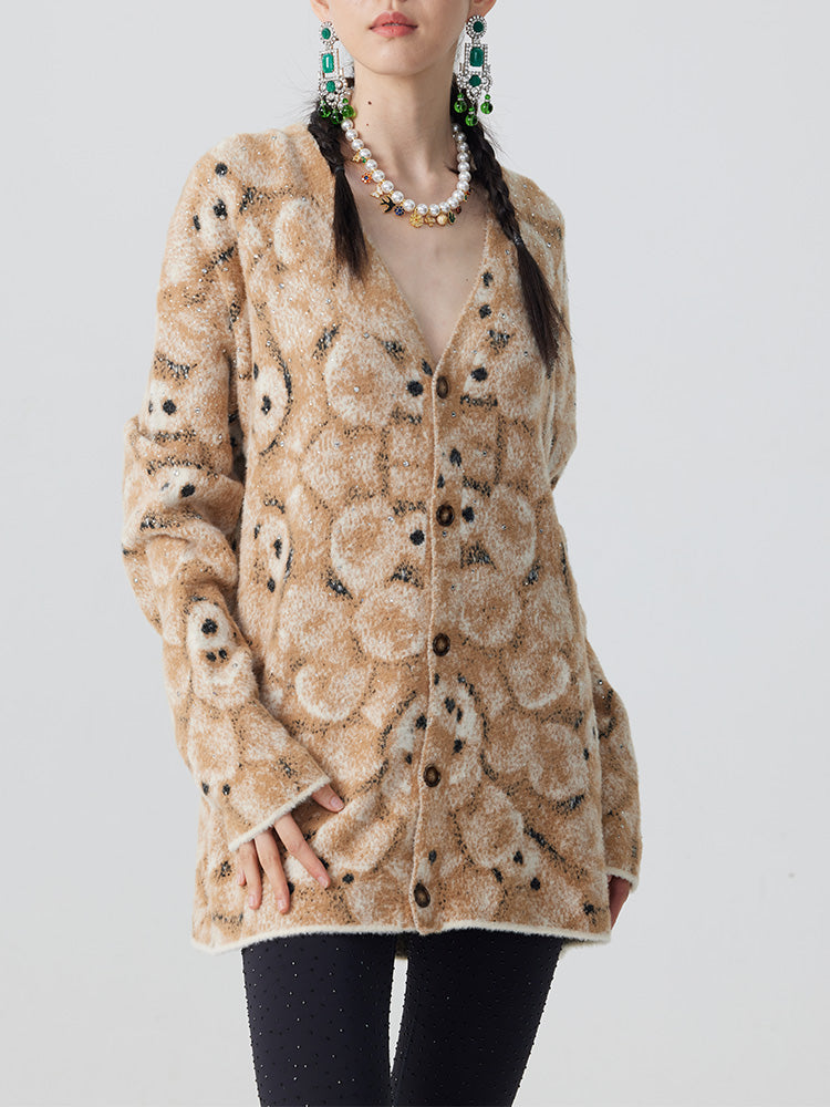 TCH Rhinestone Abstract Bear Fluffy Knit Cardigan