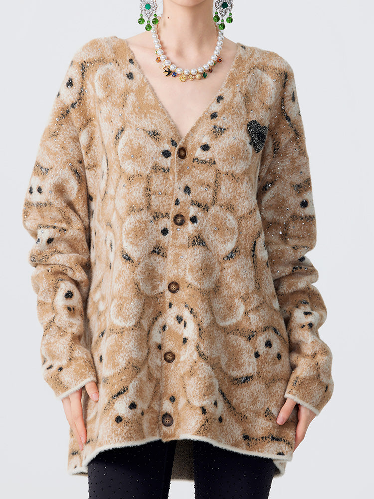 TCH Rhinestone Abstract Bear Fluffy Knit Cardigan