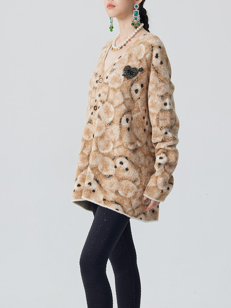 TCH Rhinestone Abstract Bear Fluffy Knit Cardigan