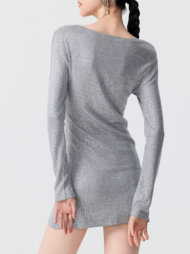TCH Grid Print Rhinestone Silver Bodycon Mini Dress