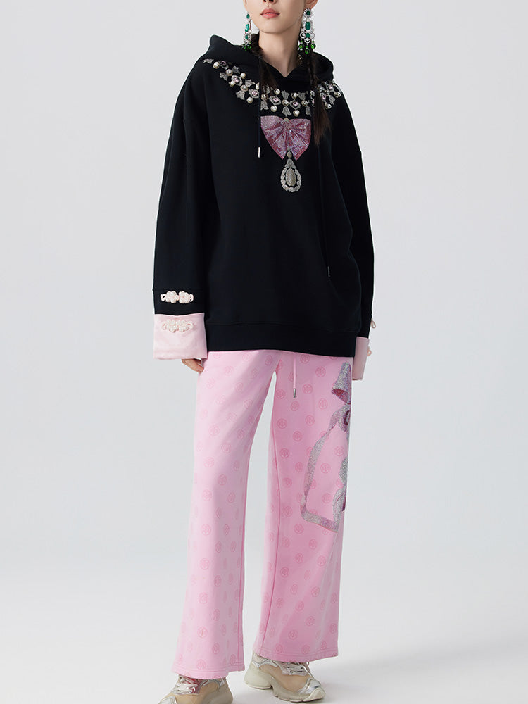 TCH Rhinestone Embroidered Bow Pearl Black Hoodies