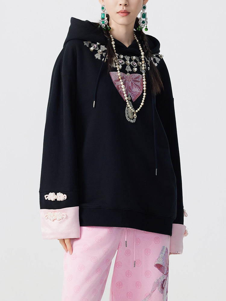 TCH Rhinestone Embroidered Bow Pearl Black Hoodies