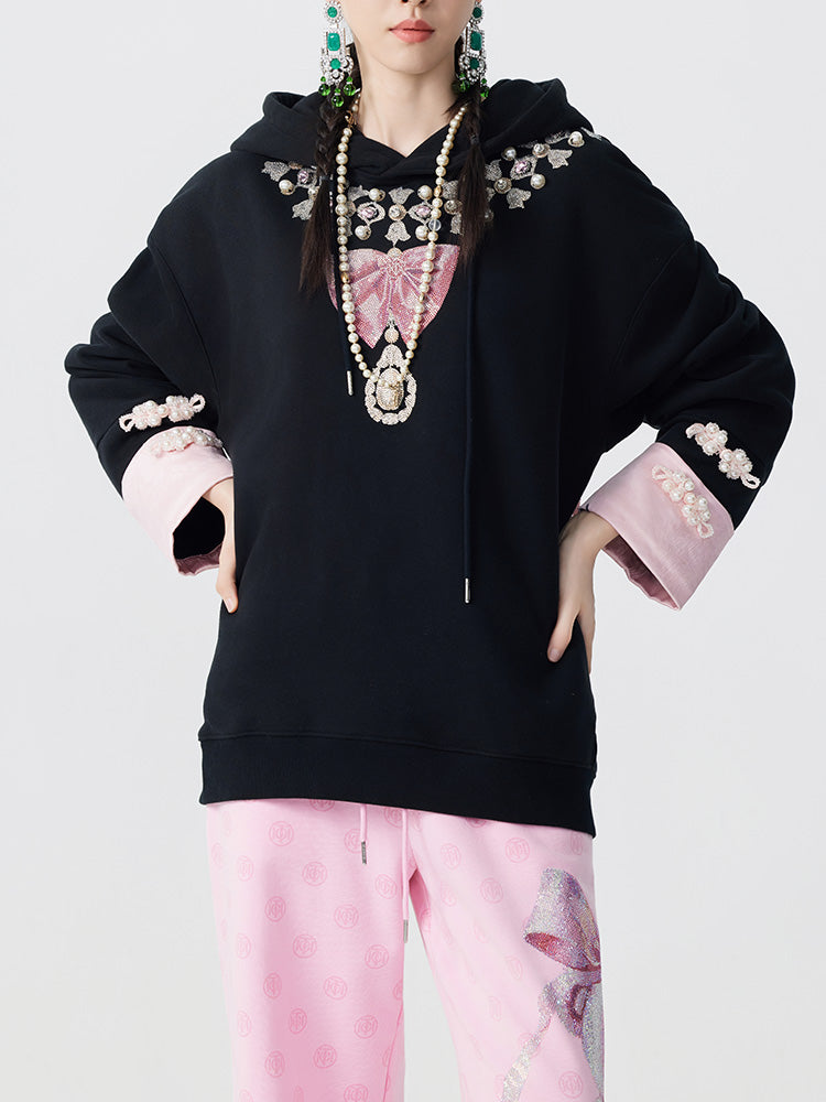 TCH Rhinestone Embroidered Bow Pearl Black Hoodies