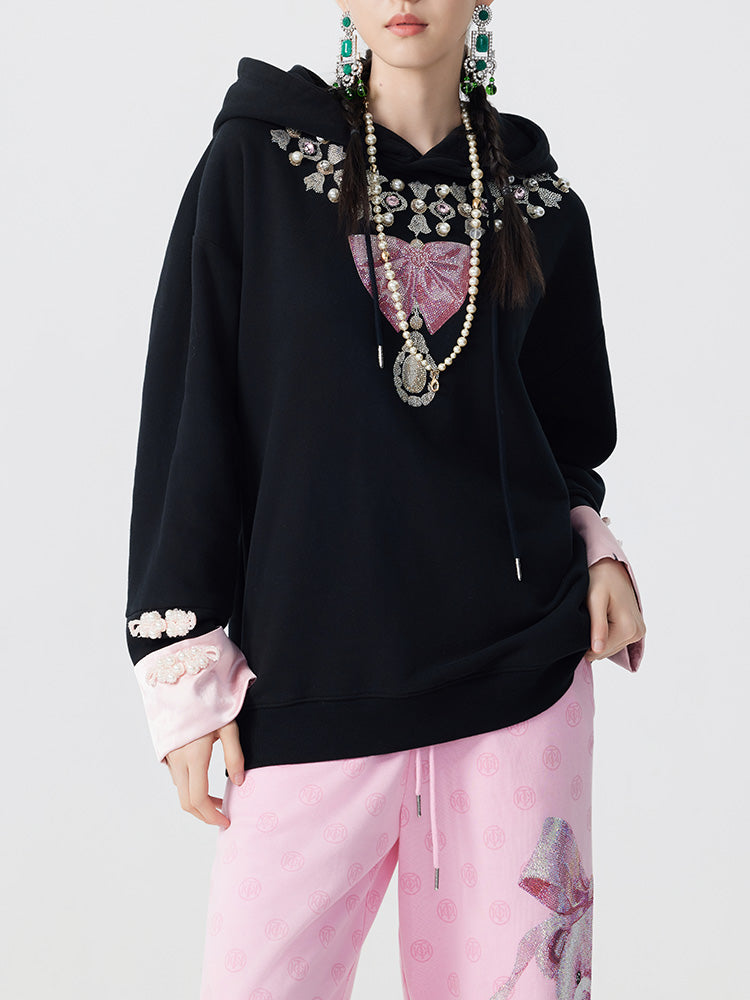 TCH Rhinestone Embroidered Bow Pearl Black Hoodies