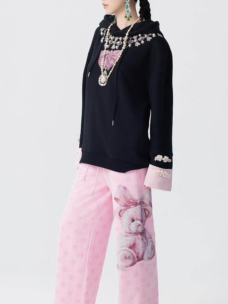 TCH Rhinestone Embroidered Bow Pearl Black Hoodies