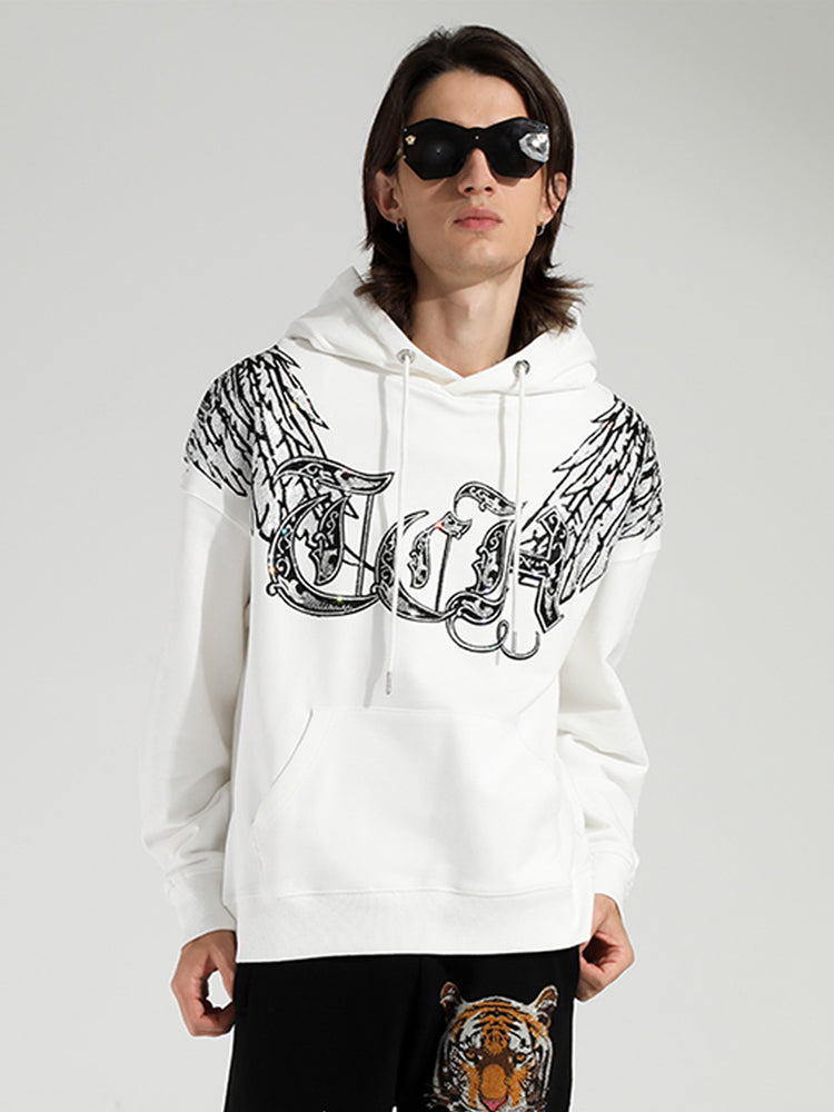 TCH Unisex White Hoodie with Rhinestone Wings Design